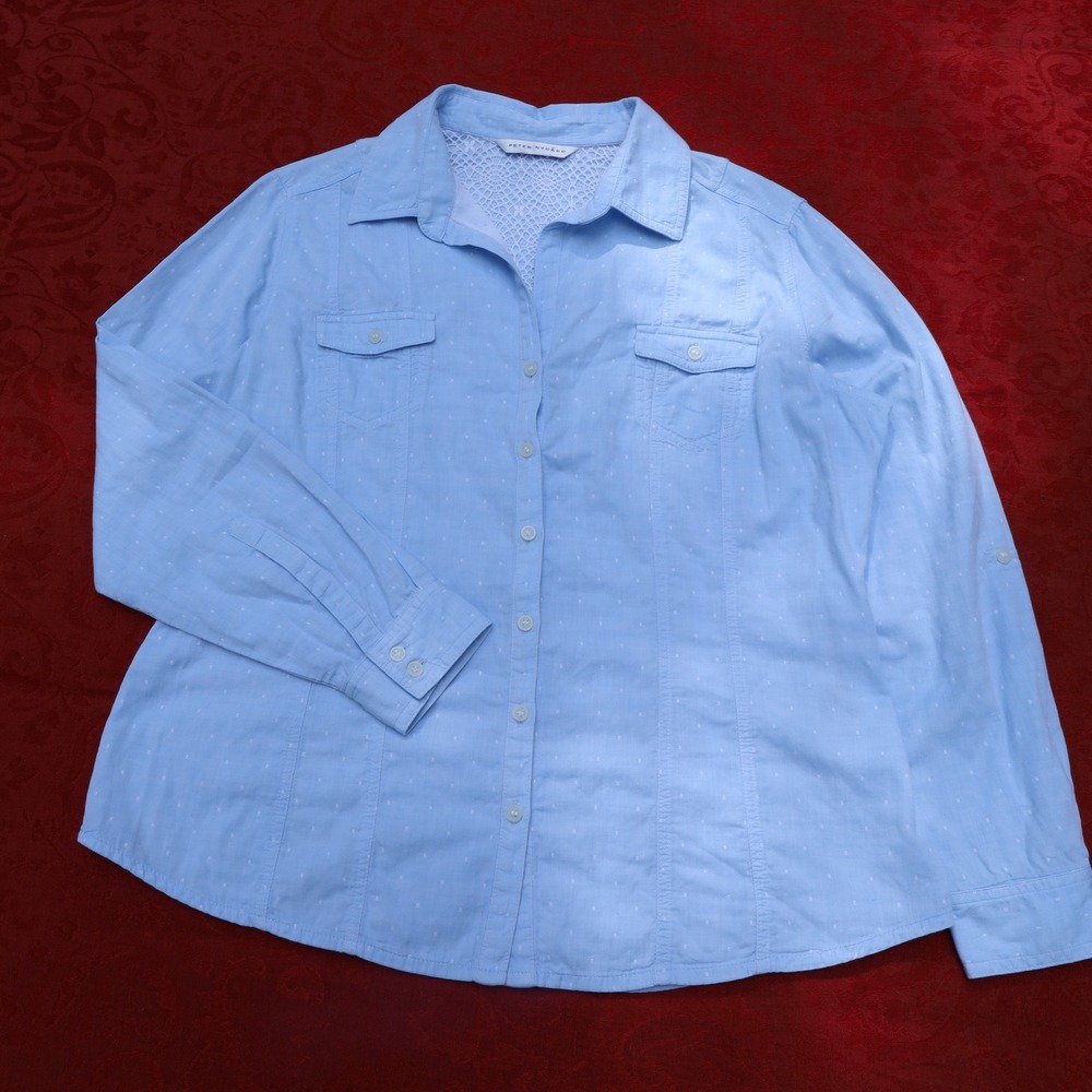 Peter Nygard Button Up Shirt Womens XL Blue Lace Back Dotted Roll Tab Excellent